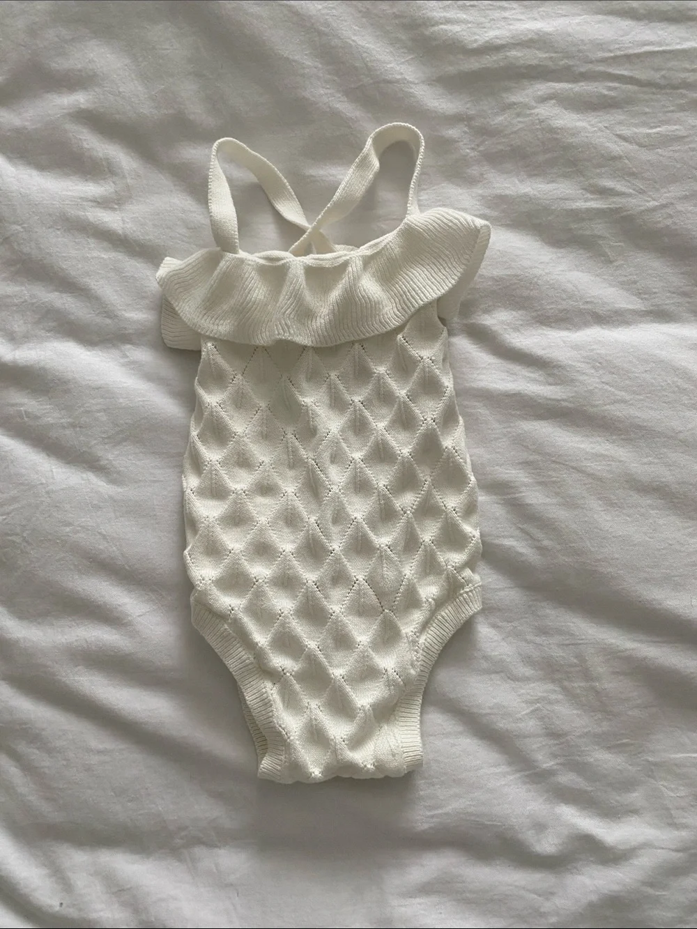 Cream Knit Baby One-Piece Romper with Ruffle Trim